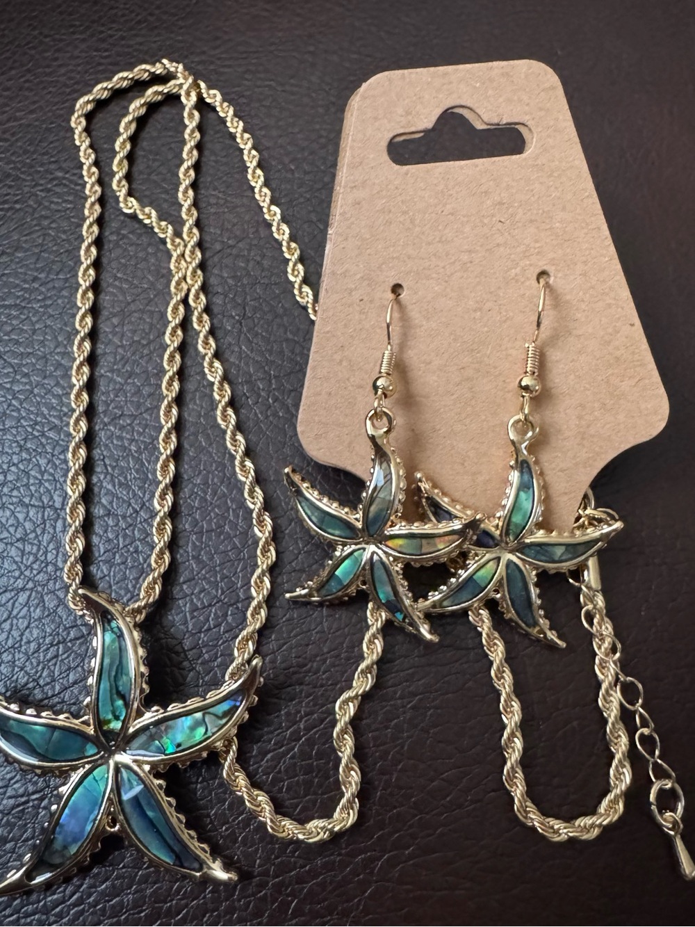 New! Gold-Tone Abalone Starfish Necklace & Earring Set